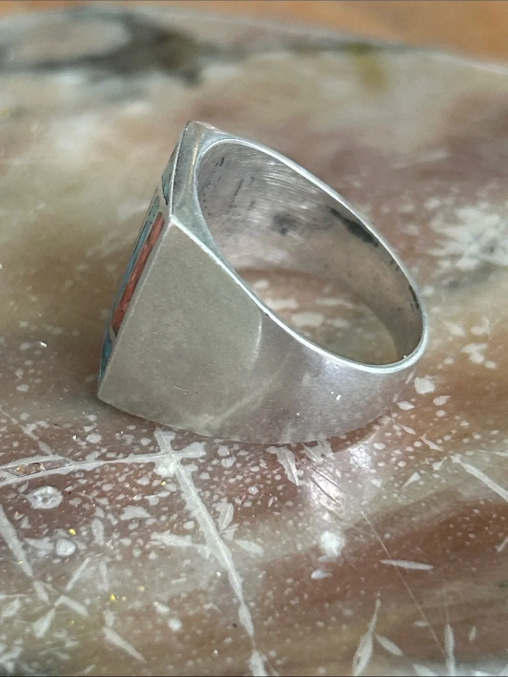 Vintage Turquoise & Coral Chip Inlay Ring